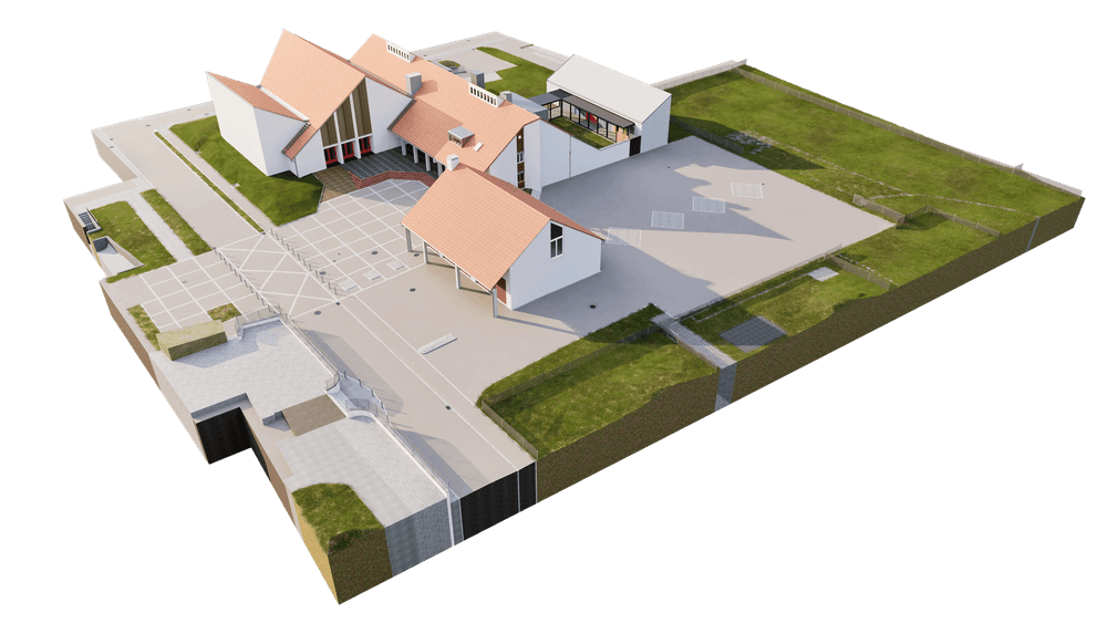3D-Architekturvisualisierung eines modernen Wohnhaus-Ensembles mit mehreren Giebeln, Innenhof, Terrassen, Wegen und Grünflächen in isometrischer Ansicht.