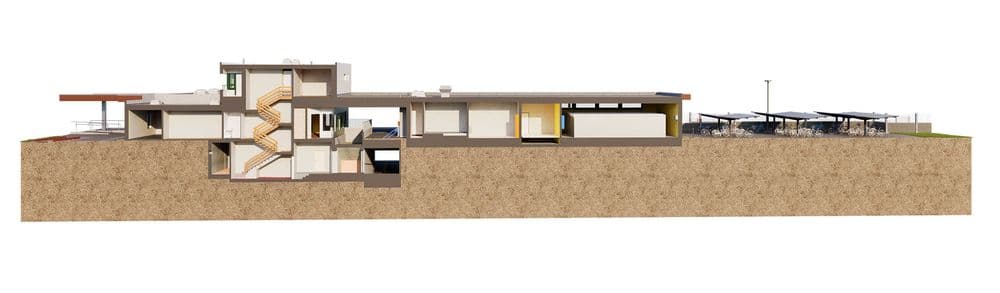 Querschnitt eines modernen Gebäudes mit mehreren Etagen und architektonischen Details, einschließlich Treppen und Fenstern.