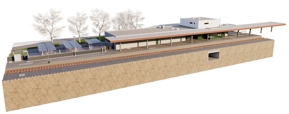 Die 3D-Darstellung zeigt einen modernen Bahnhof mit Bahnsteigen, einem Gebäude und solarbedeckten Parkplätzen, umgeben von Bäumen.