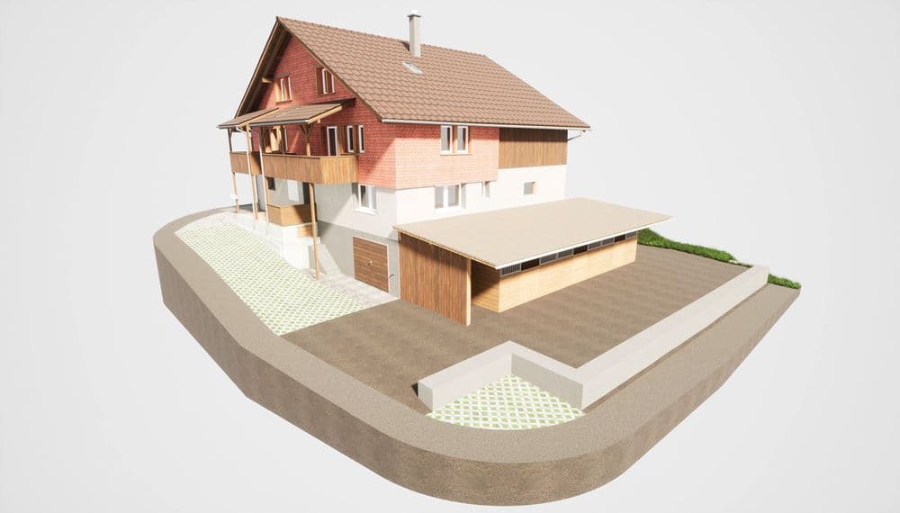 3D-Modell eines modernen Hauses mit mehreren Ebenen, Satteldach, Holz- und Ziegelkonstruktion, Garage und Gartenbereich.
