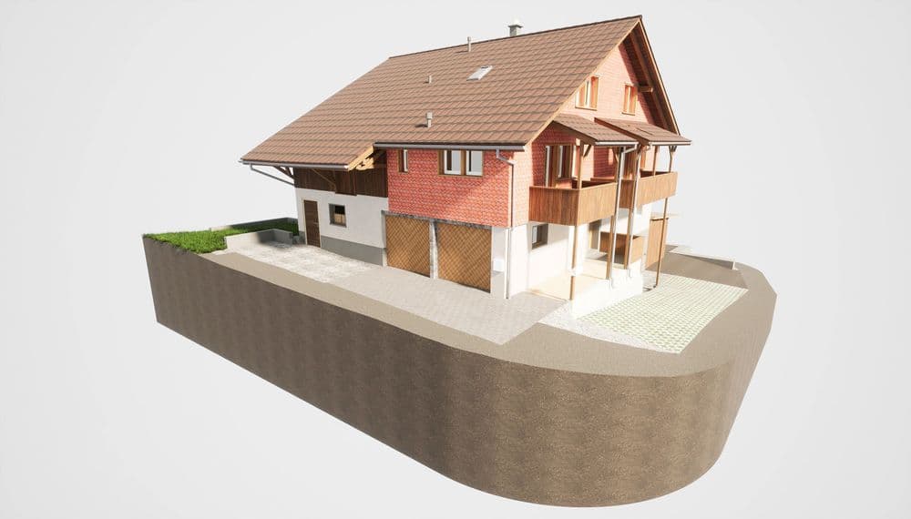 Zweistöckiges modernes Haus mit Satteldach, Balkonen und großer Garage auf erhöhtem Grundstück.