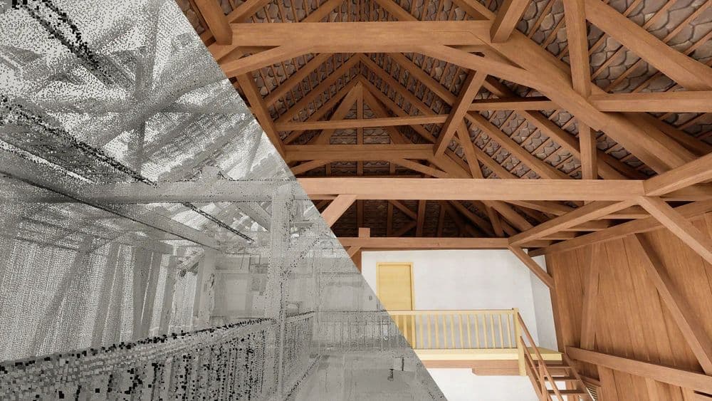 Innenansicht eines Dachstuhls mit sichtbaren Holzbalken, teilweise in Farbe und teilweise als Röntgenbild dargestellt.
