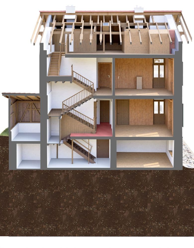 3D-Schnittansicht eines mehrstöckigen Hauses mit Treppenhaus, Räumen und Dachkonstruktion, Innenausbau teils sichtbar, Kellerbereich im Erdreich dargestellt.