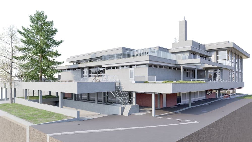 3D-Modell des ehemaligen Hallenbads Bireggstrasse 36 in Luzern, Aussenansicht von der Bireggstrasse