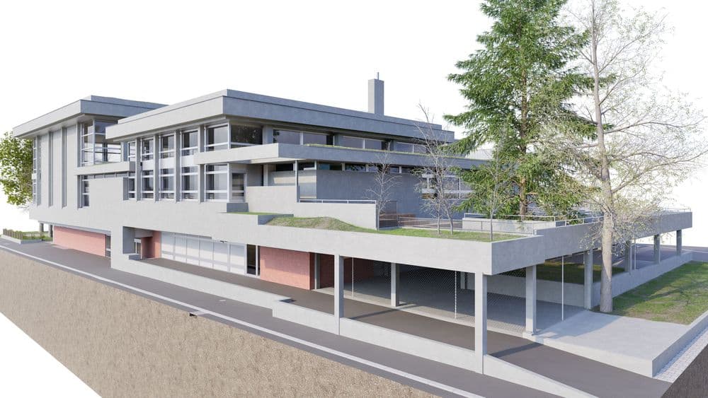 Vogelperspektive des 3D-Bestandsmodells vom Neubad Luzern, zeigt das Gesamtareal Kleinmatt/Bireggstrasse