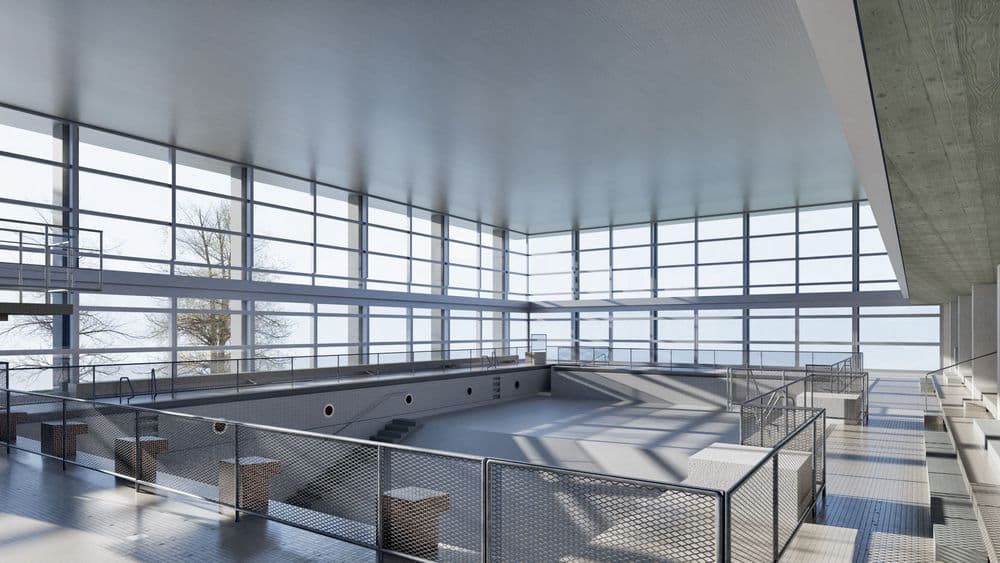 Punktwolkenansicht der ehemaligen Schwimmhalle Biregg Luzern mit Beckengeometrie, Stützen und Oberlichtern