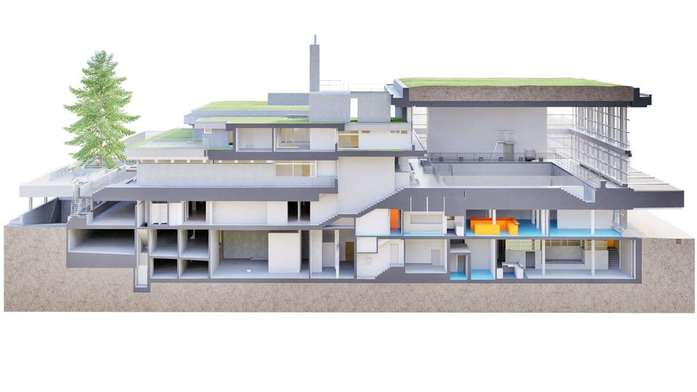 Farbige Punktwolke des ehemaligen Hallenbads Bireggstrasse 36 in Luzern, erfasst mittels terrestrischem Laserscanning