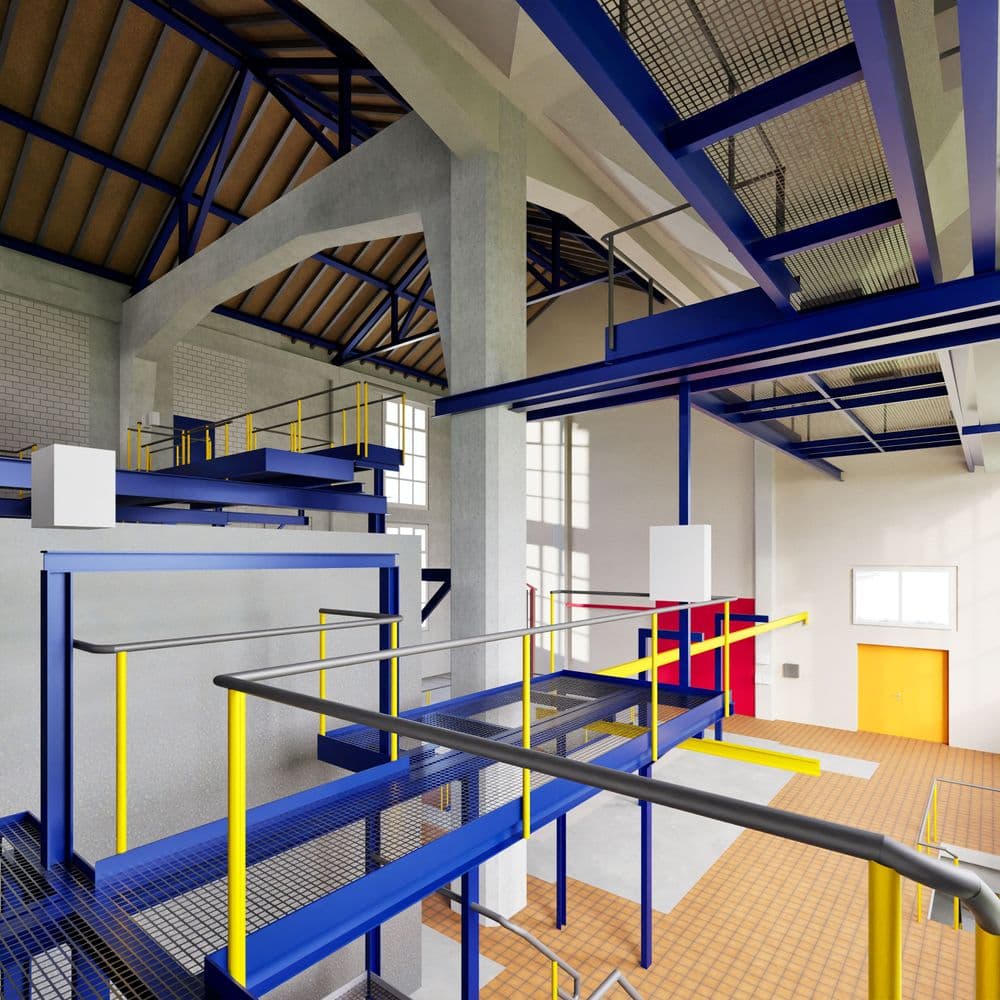 Industriehalle mit bunten Stahlträgern und modernen Strukturen.