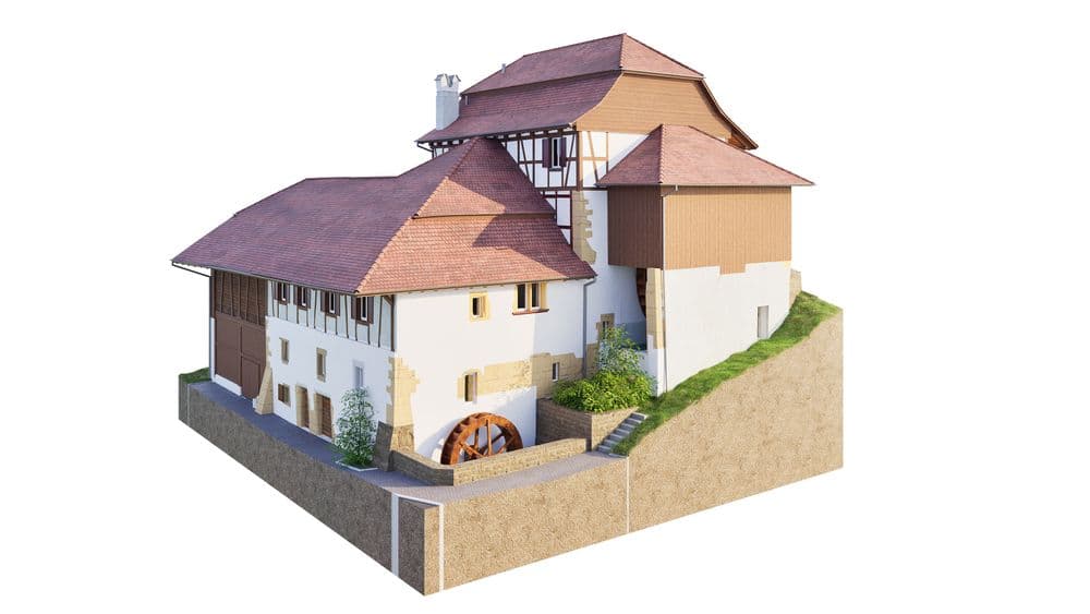 Historische Wassermühle mit Fachwerk und rotem Ziegeldach.