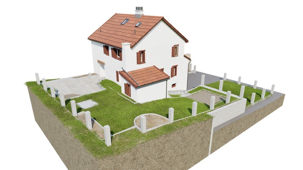 Ein modernes Einfamilienhaus mit rotem Dach und grünem Garten, umgeben von einem weißen Zaun.