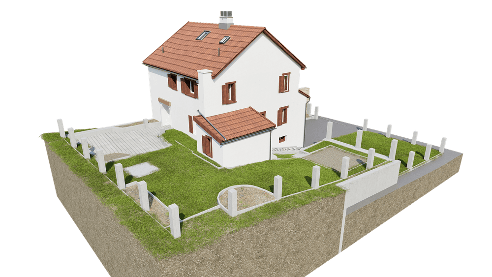 Ein digitales 3D-Modell eines zweistöckigen Hauses mit rotem Dach, umgeben von Rasen und einem Zaun.