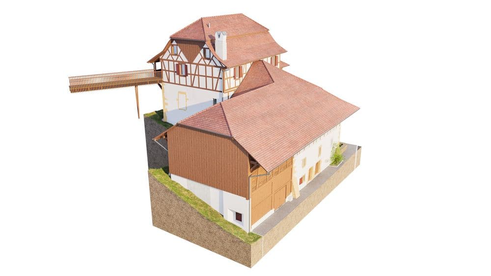 Fachwerkgebäude mit rotem Ziegeldach und Holzfassade auf erhöhtem Gelände.