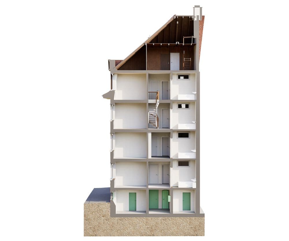 Ansicht eines Gebäudequerschnitts mit mehreren Etagen, Treppen und Dachboden.