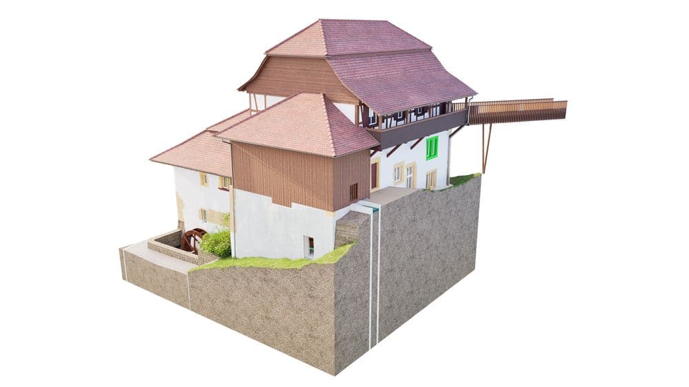 3D-Schnittmodell eines mehrstöckigen Gebäudes mit roten Dächern und einer erhöhten Holzveranda.