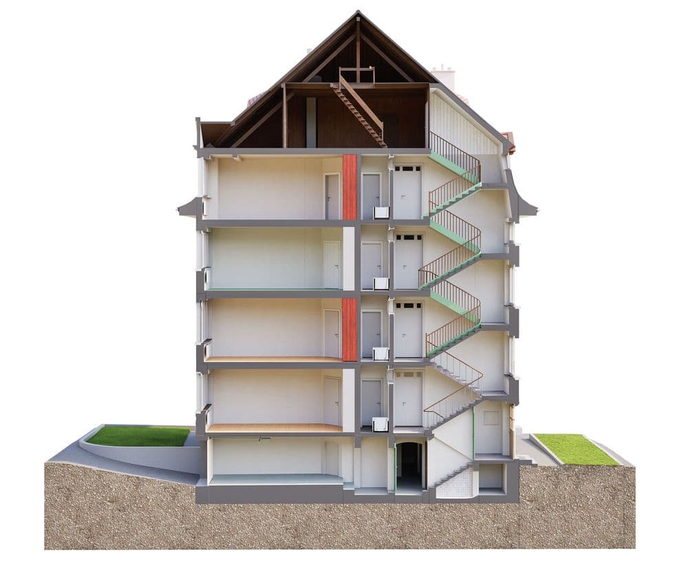 Mehrgeschossiger Wohnhaus-Querschnitt mit sichtbaren Innenräumen und Treppenhaus.