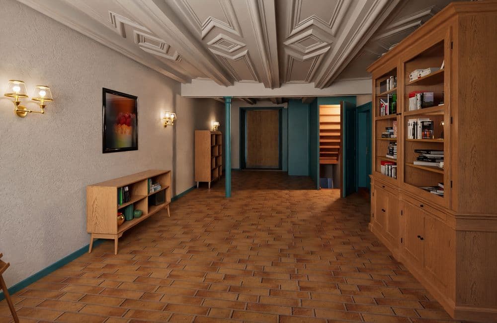 Eleganter Flur mit Holzboden, kunstvoll verziertem Stuck an der Decke, modernen Wandleuchten und stilvollen Holzregalen.