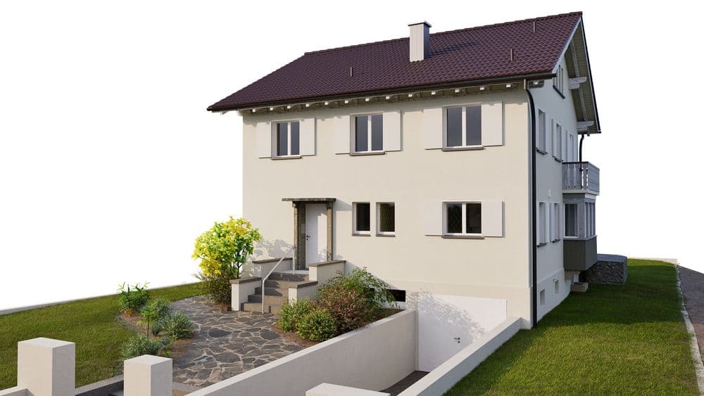 Zweistöckiges, modernes Einfamilienhaus mit Satteldach, umgeben von einem gepflegten Garten.