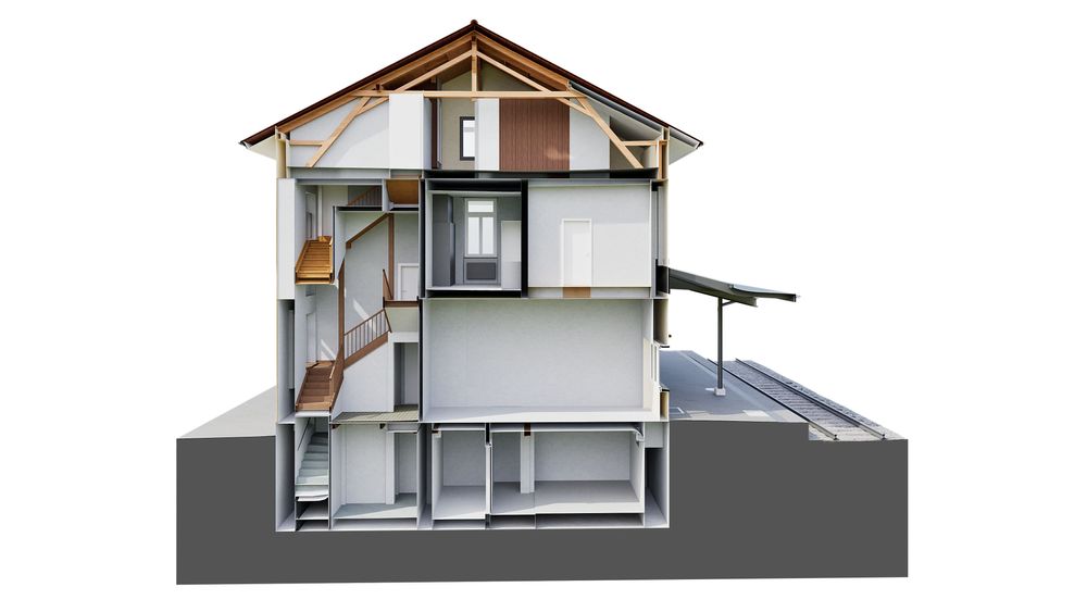 Querschnitt eines modernen dreistöckigen Hauses mit sichtbarer Innenstruktur und Holzelementen.