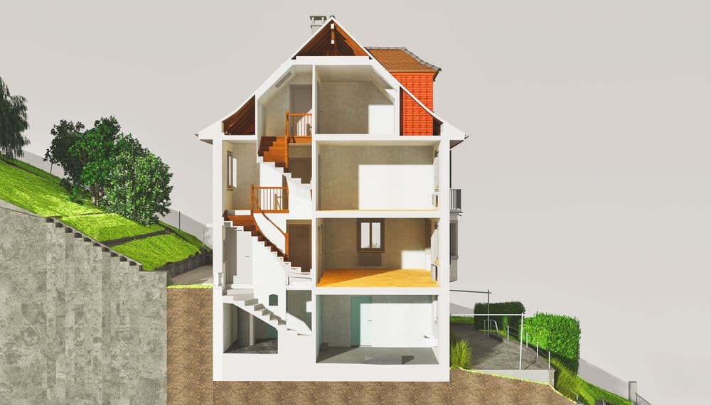 Querschnitt eines dreistöckigen Hauses auf einem Hang mit Garten, Innenräume und Treppen sichtbar.