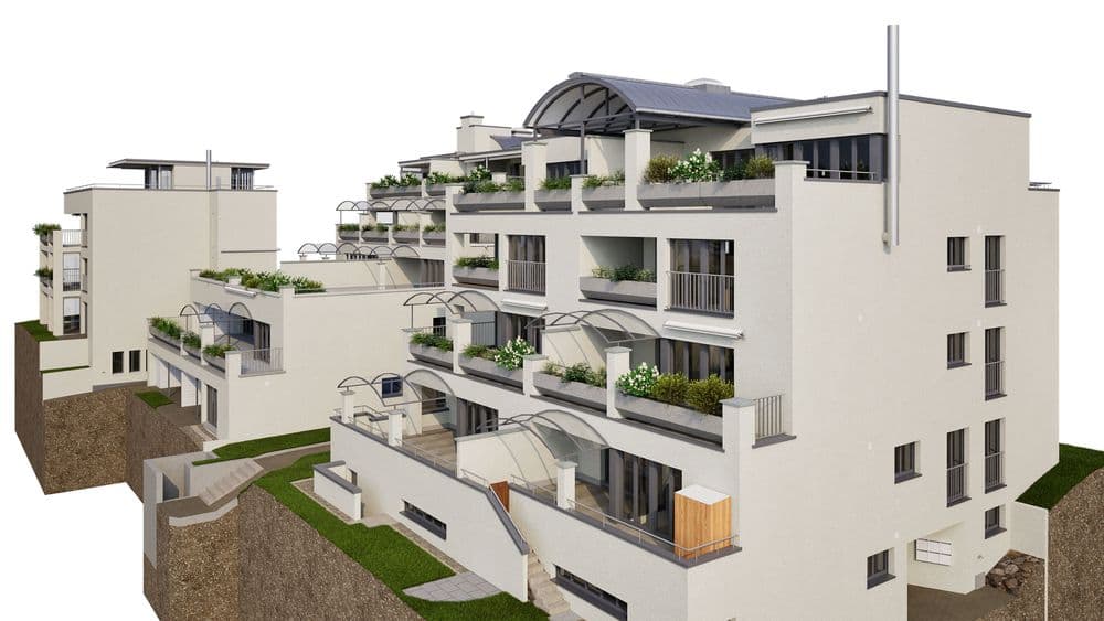 Mehrstöckiges modernes Wohngebäude mit Terrassen und begrünten Flächen, entlang eines Hügelgrats gebaut.
