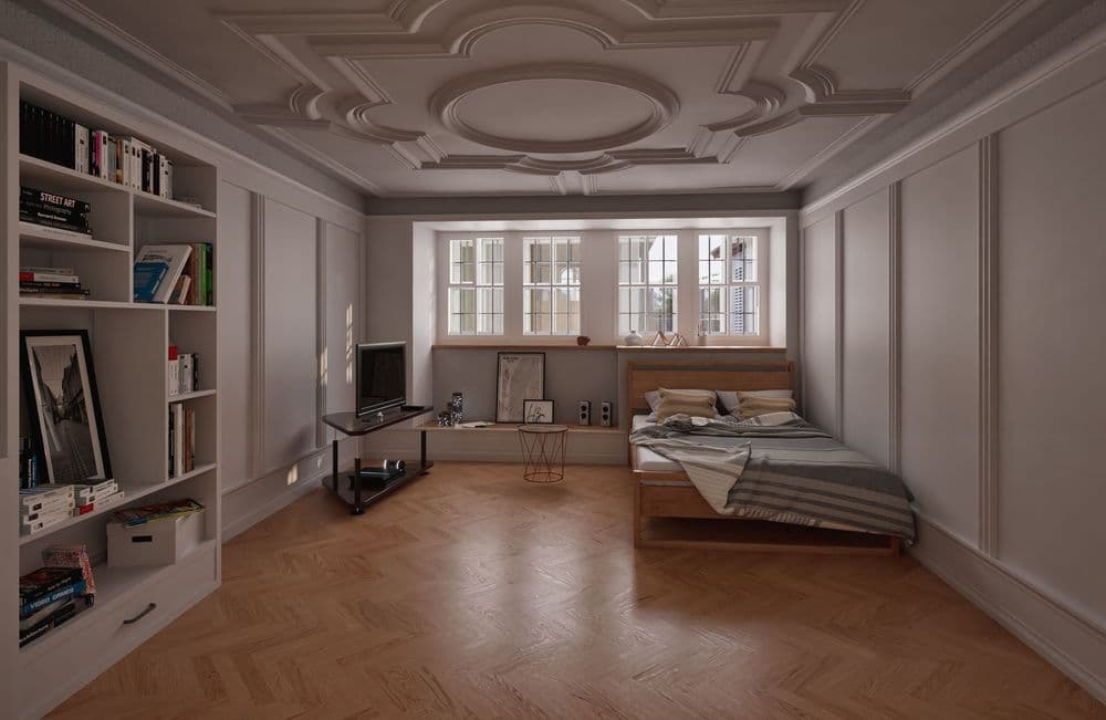 Elegantes Schlafzimmer mit Holzboden, einem Bett und einem Bücherregal, dekoriert mit neutralen Farben und klassischem Stuck an der Decke.