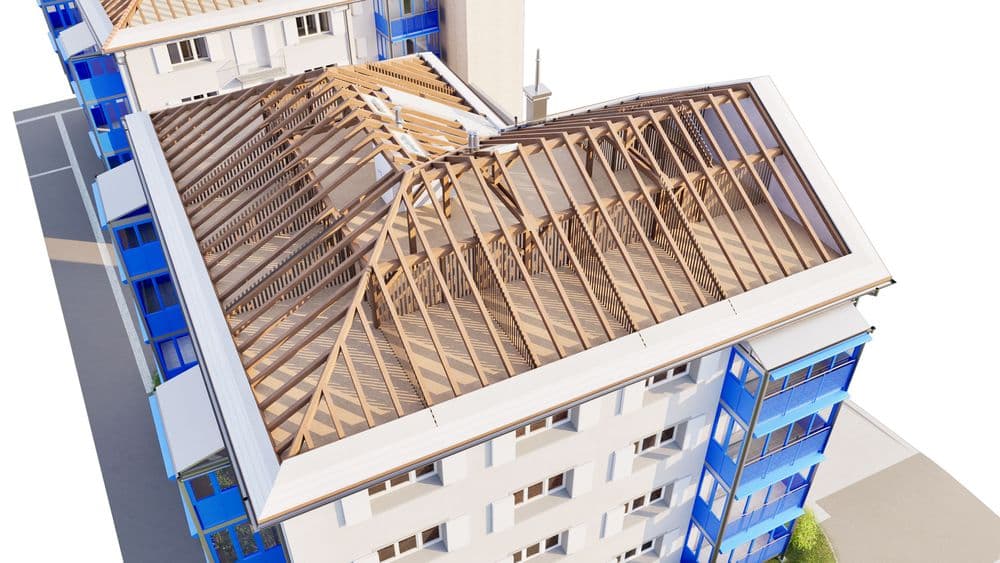 Mehrfamilienhaus mit detaillierter Ansicht auf den Dachstuhl aus Holz, umgeben von blauen Fassadenelementen.