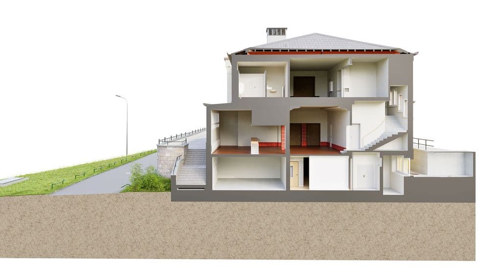 Ein Querschnitt eines mehrstöckigen Hauses mit Innenräumen bei einer Straßenböschung.