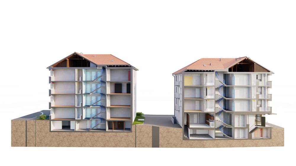 Zwei architektonische Gebäudeschnitte mit Einblick in die Innenstrukturen und Raumaufteilung.