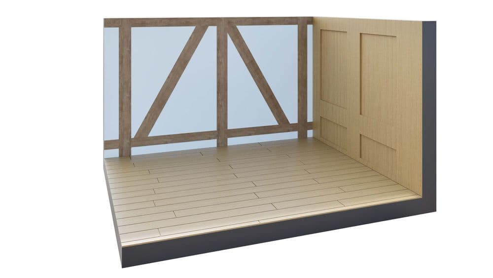 Holzvertäfelter Innenraum mit Fachwerk und Holzboden.