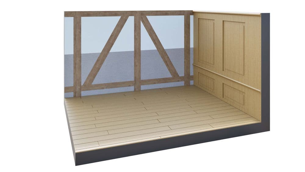 Innenarchitekturmodell eines Raumes mit Holzrahmenwand, Holzvertäfelung und Holzboden. Ideal für Design- und Bauideen.