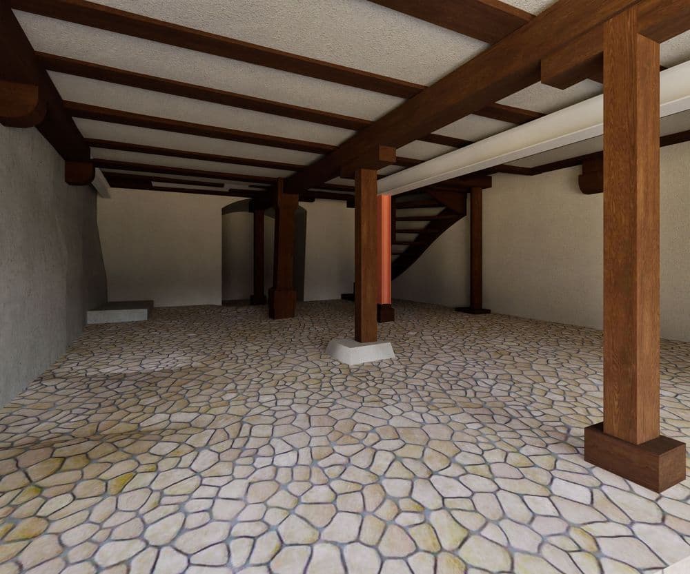 3D-Rendering eines unterirdischen Raums mit Holzbalken und Stützpfeilern, gepflastertem Steinboden und Treppe nach oben, beleuchtet von Deckenpaneelen.