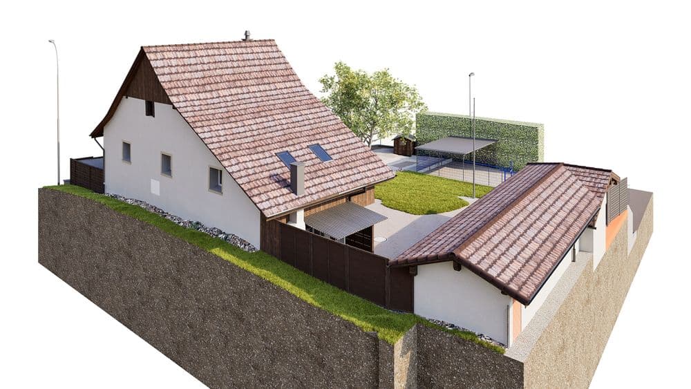 3D-Visualisierung eines Einfamilienhauses mit rotem Ziegeldach, Solarpaneelen, Hofeinfahrt und Nebengebäude, umgeben von Garten, Hecke und Zaun, Draufsicht in isometrischer Perspektive.