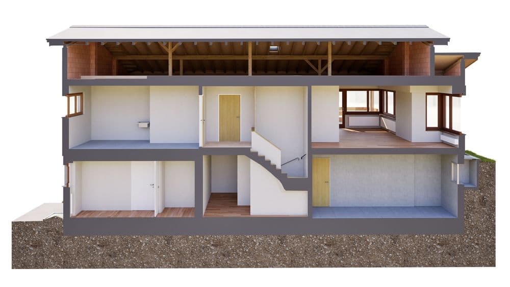 3D-Schnittansicht eines zweigeschossigen Hauses mit Dachstuhl: Innenräume, Treppe, Türen, Fenster und Fundament im Querschnitt dargestellt, architektonische Visualisierung für Bauplanung.