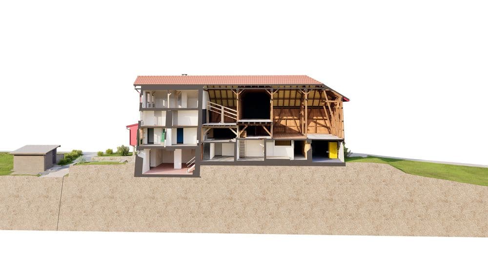 Gebäudequerschnitt mit sichtbarer Struktur und Innenräumen, umgeben von Rasen und kleinen Gebäuden. Ideal zur Veranschaulichung von Architektur und Bauweise.