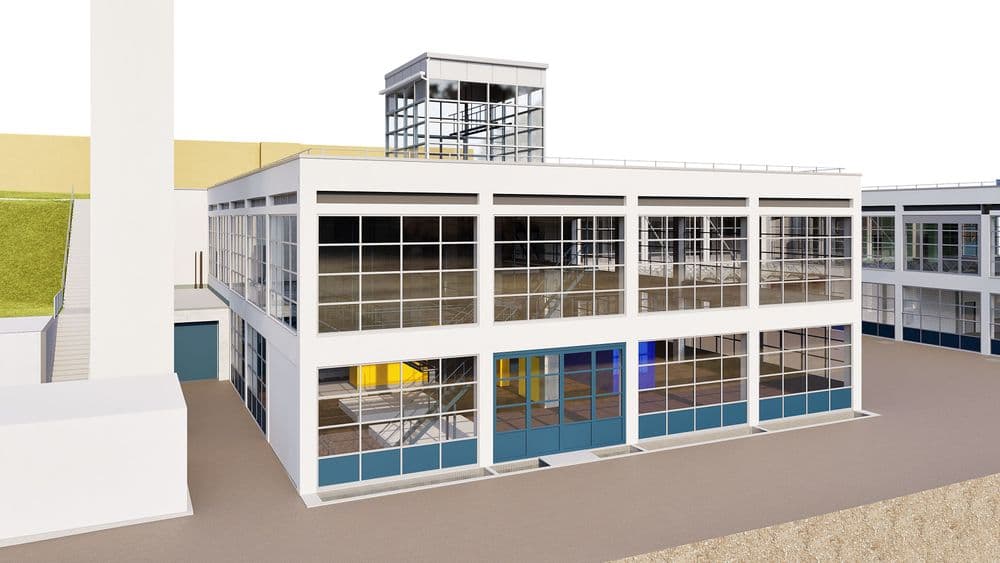 3D-Architekturvisualisierung eines modernen Industrie- und Bürogebäudes mit großen Glasfassaden, Innenhof und Dachaufbau, weiß-blaues Design, Perspektivansicht im Außenbereich.