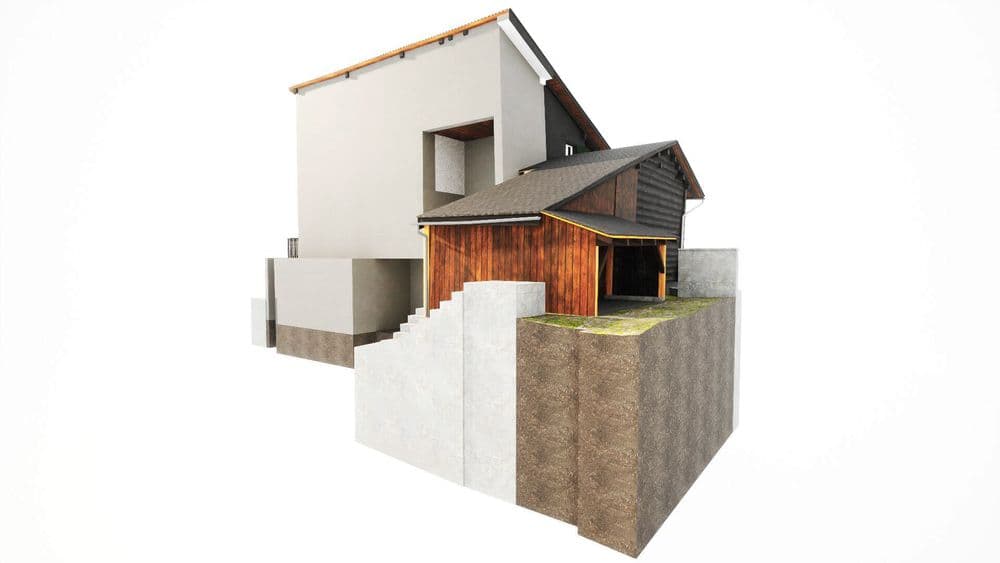 Modernes Hausdesign mit Holz- und Betonakzenten, architektonische Illustration.