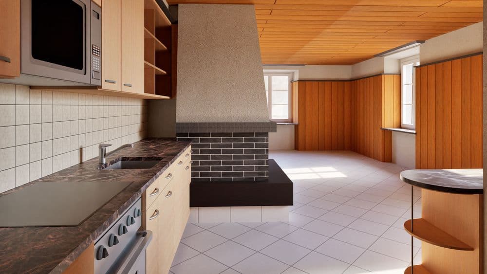 Helle, leere Wohnküche mit Küchenzeile, Spüle, Herd und Mikrowelle, großer gemauerter Kamin, Holzdecke und Holzvertäfelung, Fliesenboden und Fenster mit Tageslicht.