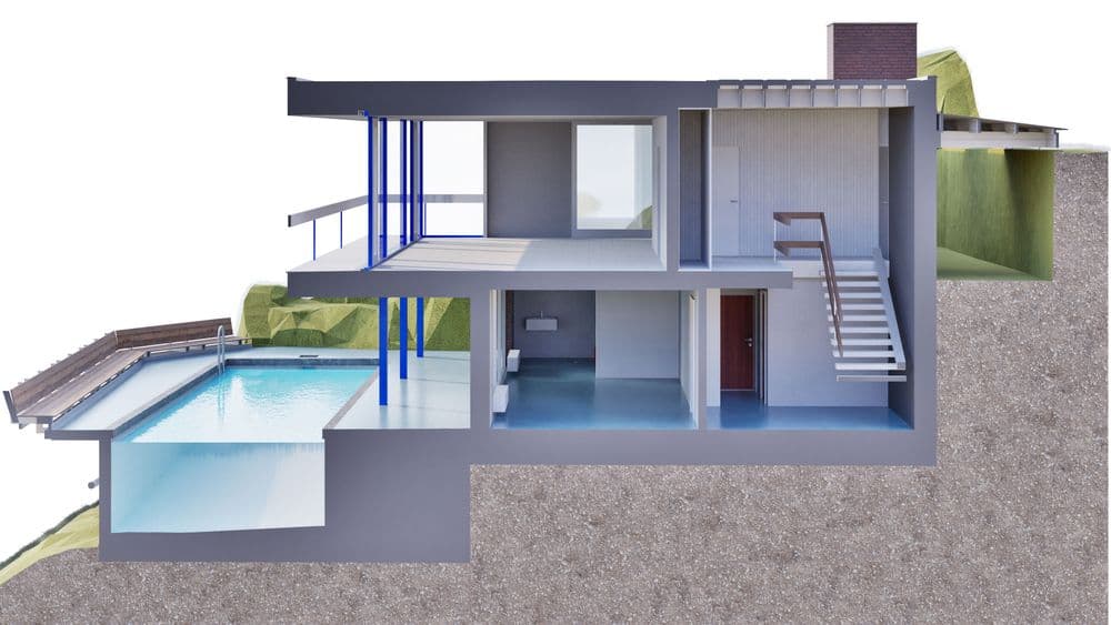 3D-Schnittansicht eines modernen zweigeschossigen Hauses am Hang mit Infinity-Pool, Terrasse, Treppe und Innenräumen; architektonische Visualisierung eines Wohngebäudes mit Betonoptik und großen Fenstern.