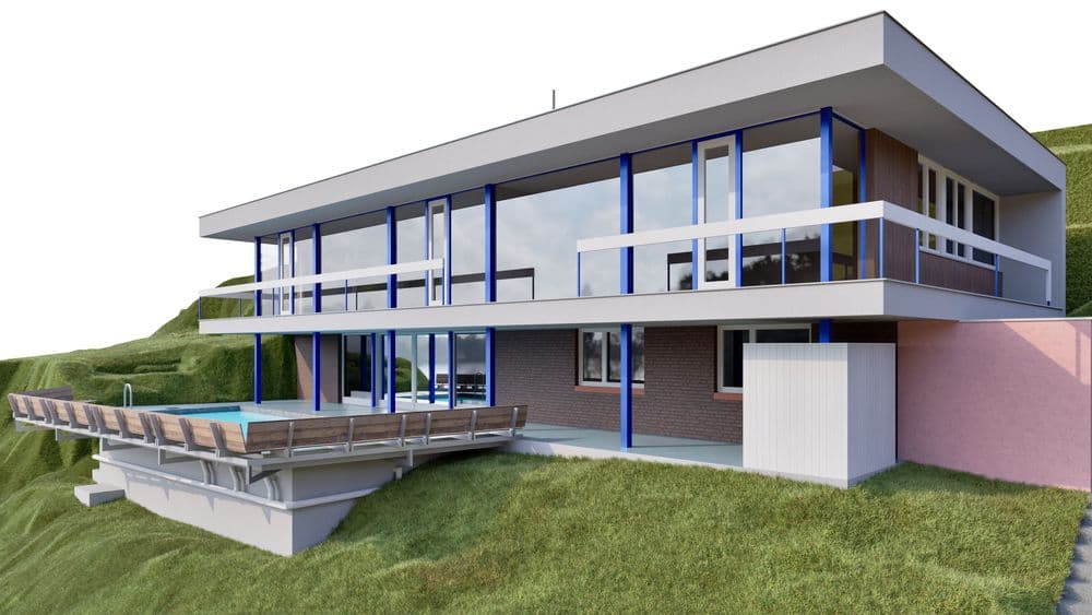 3D-Visualisierung eines modernen zweistöckigen Hauses am Hang mit großen Glasfronten, Balkon und Terrasse, Flachdach, blauen Stützen und Blick ins Grüne.
