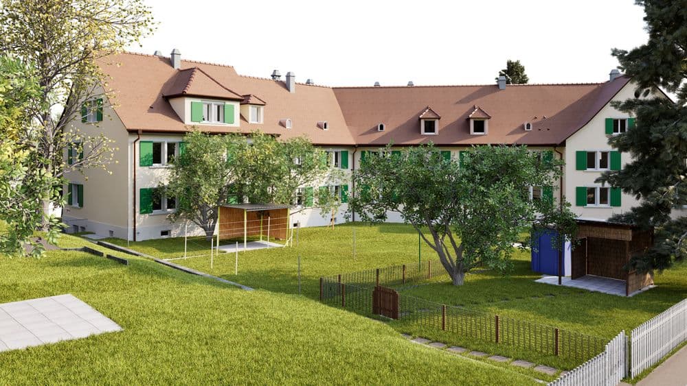 3D-Visualisierung einer Wohnanlage mit rotem Ziegeldach, hellen Fassaden und grünen Fensterläden, Innenhof mit Rasen, Bäumen, Pergola und kleinen Gartenbereichen bei Sonnenschein.