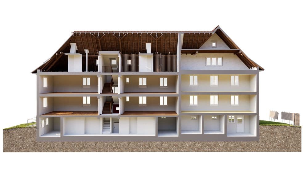 3D-Schnittansicht eines mehrstöckigen Gebäudes mit Dachstuhl, Treppenhaus, Kellerräumen und Wohnungen – Architekturvisualisierung zur Gebäudestruktur und Innenaufteilung.