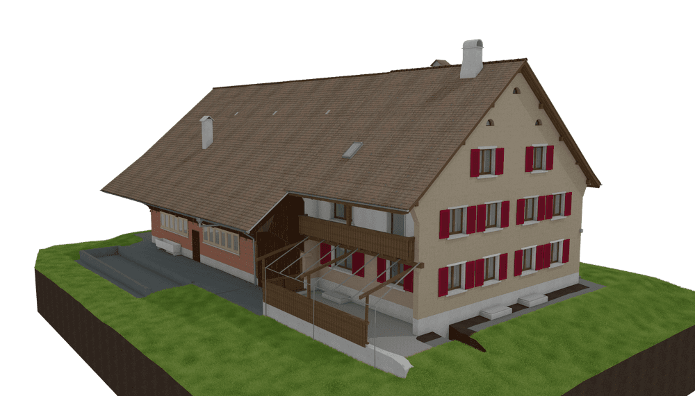 Ein traditionelles, großes Haus mit rotem Dach, weißer Fassade und roten Fensterläden auf einem grünen Grundstück.