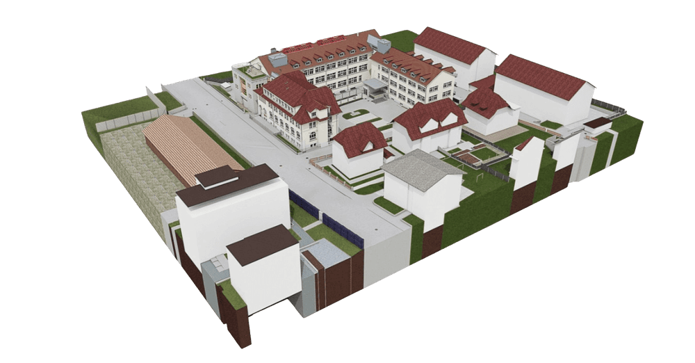 Ein 3D-Modell eines modernen Wohnkomplexes mit mehreren Gebäuden, Innenhof und Straßenansicht.