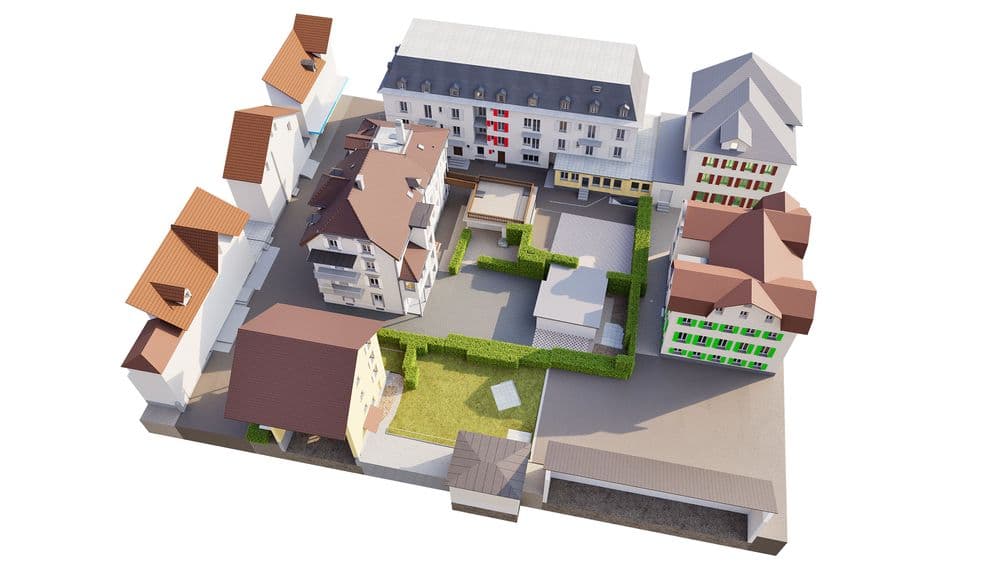 3D-Architekturmodell eines Gebäudekomplexes mit Innenhof, Grünflächen und mehreren Häusern mit roten Dächern, Draufsicht auf Campus- oder Wohnanlage mit Wegen und Eingängen.