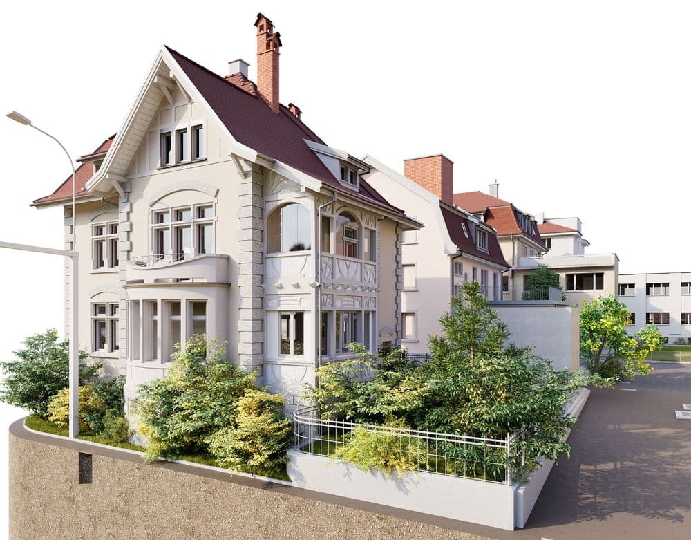Moderne 3D-Visualisierung eines sanierten Mehrfamilienhauses mit rotem Satteldach, Balkonen und Gartenanlage in urbaner Wohnstraße, sonnige Außenansicht mit Nachbargebäuden.