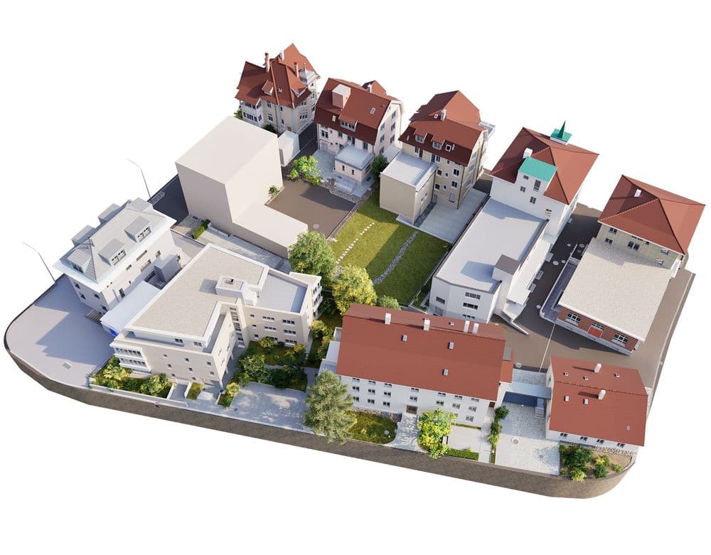 3D-Architekturvisualisierung eines Wohnquartiers mit mehreren Gebäuden, Innenhof und Grünflächen, Vogelperspektive auf modernes Neubauprojekt mit roten Dächern und weißen Fassaden.