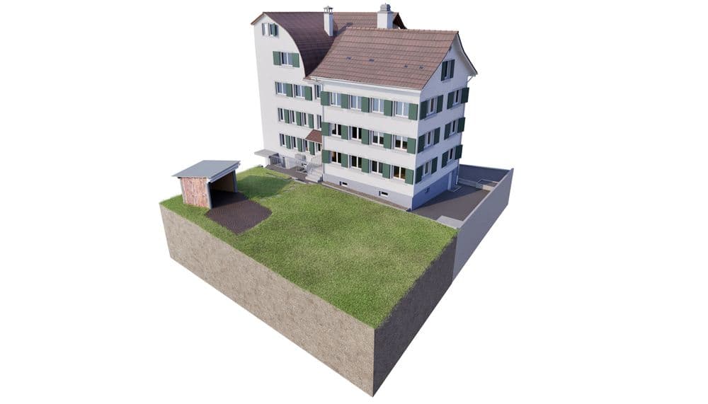 3D-Rendering eines mehrstöckigen Wohnhauses mit Satteldach, Balkonen und grünem Garten auf Grundstücksschnitt, mit kleinem Geräteschuppen und Zufahrt.