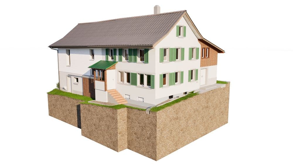 3D-Modell eines Einfamilienhauses mit Erdwärmeanlage.