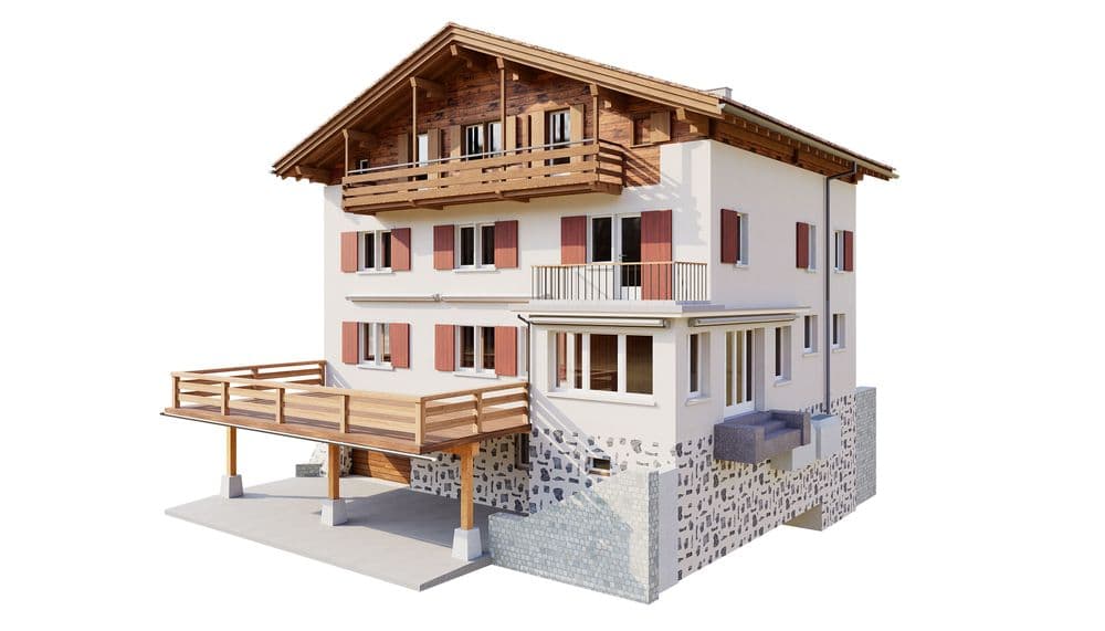 3D-Rendering eines alpinen Einfamilienhauses mit Holz-Balkon, Satteldach, Terrasse und Steinsockel, weiße Fassade mit Fensterläden, freigestellt auf weißem Hintergrund.