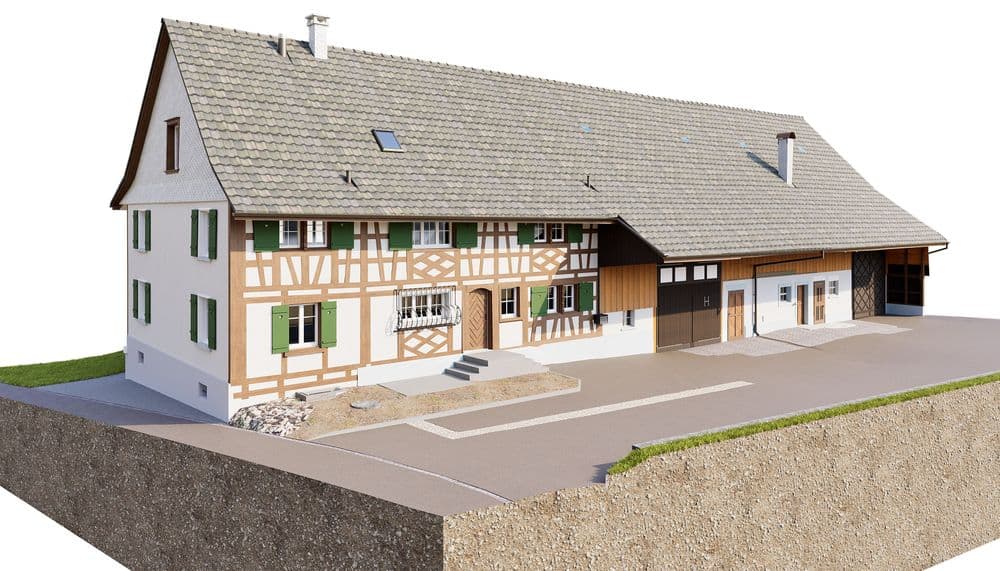 3D-Visualisierung eines traditionellen Fachwerkhauses mit großem Satteldach, grünen Fensterläden und angebauter Scheune; Hofeinfahrt und Querschnitt des Geländes sichtbar.